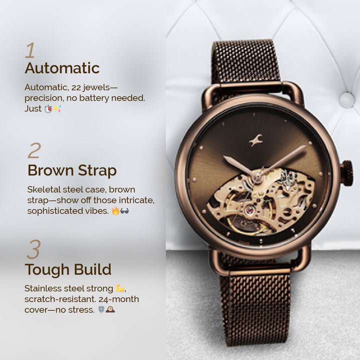 Fastrack Automatics Brown Dial Stainless Steel Strap Watch for Girls NS6288QM01