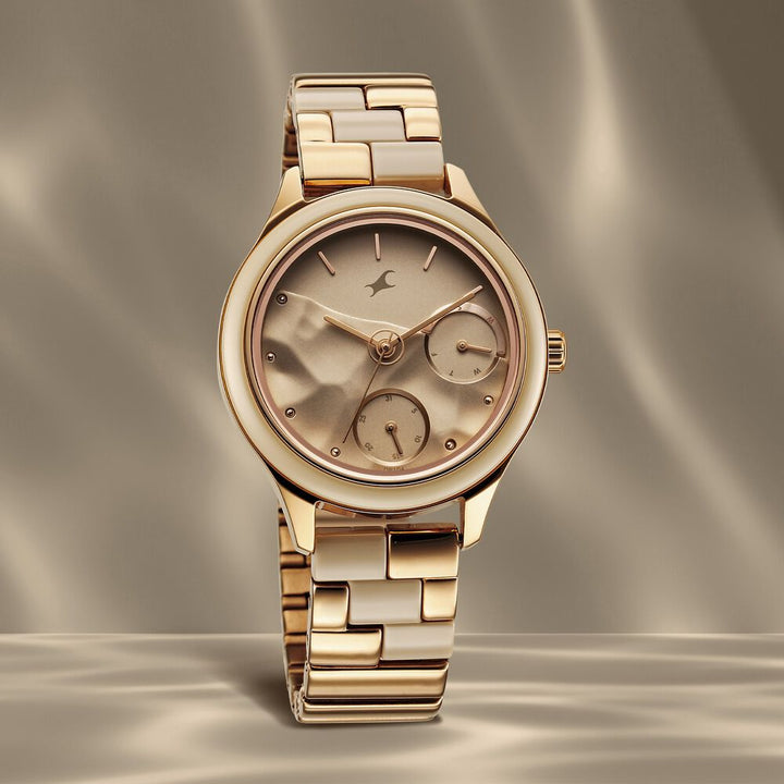 Fastrack Cerame Quartz Multifunction Beige Dial With Champagne Color Steel & Ceramic Strap Watch For Girls 6294KD01