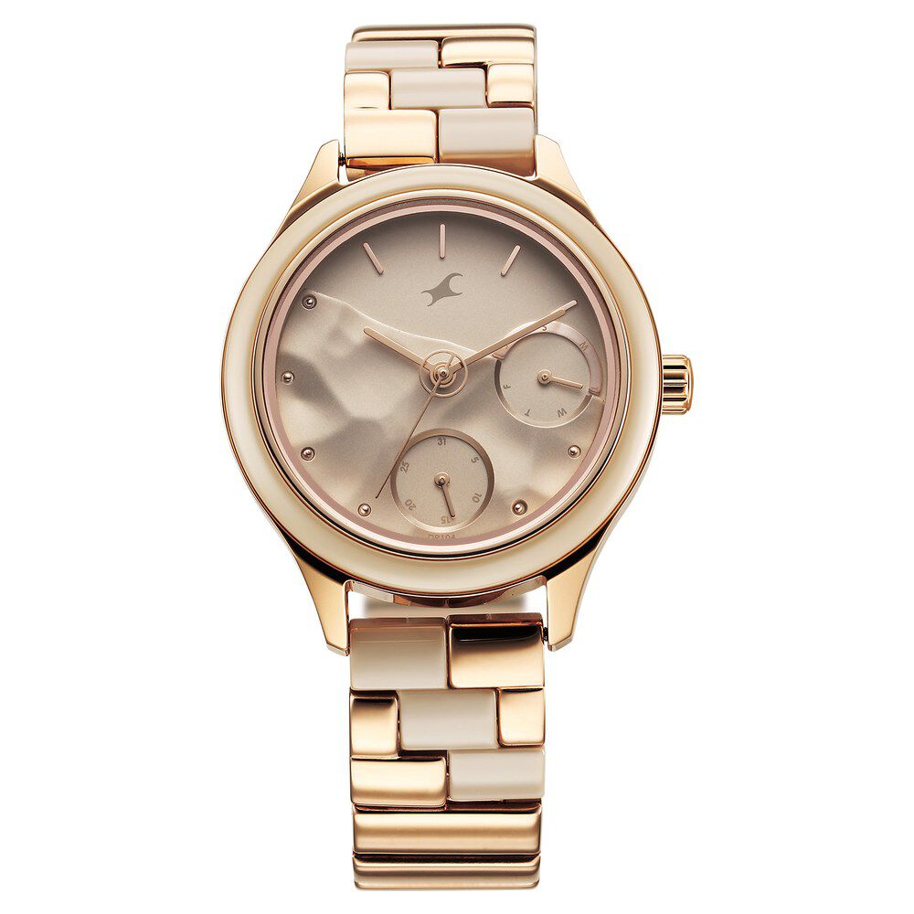 Fastrack Cerame Quartz Multifunction Beige Dial With Champagne Color Steel & Ceramic Strap Watch For Girls 6294KD01