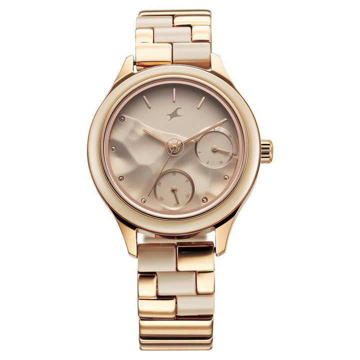 Fastrack Cerame Quartz Multifunction Beige Dial With Champagne Color Steel & Ceramic Strap Watch For Girls 6294KD01