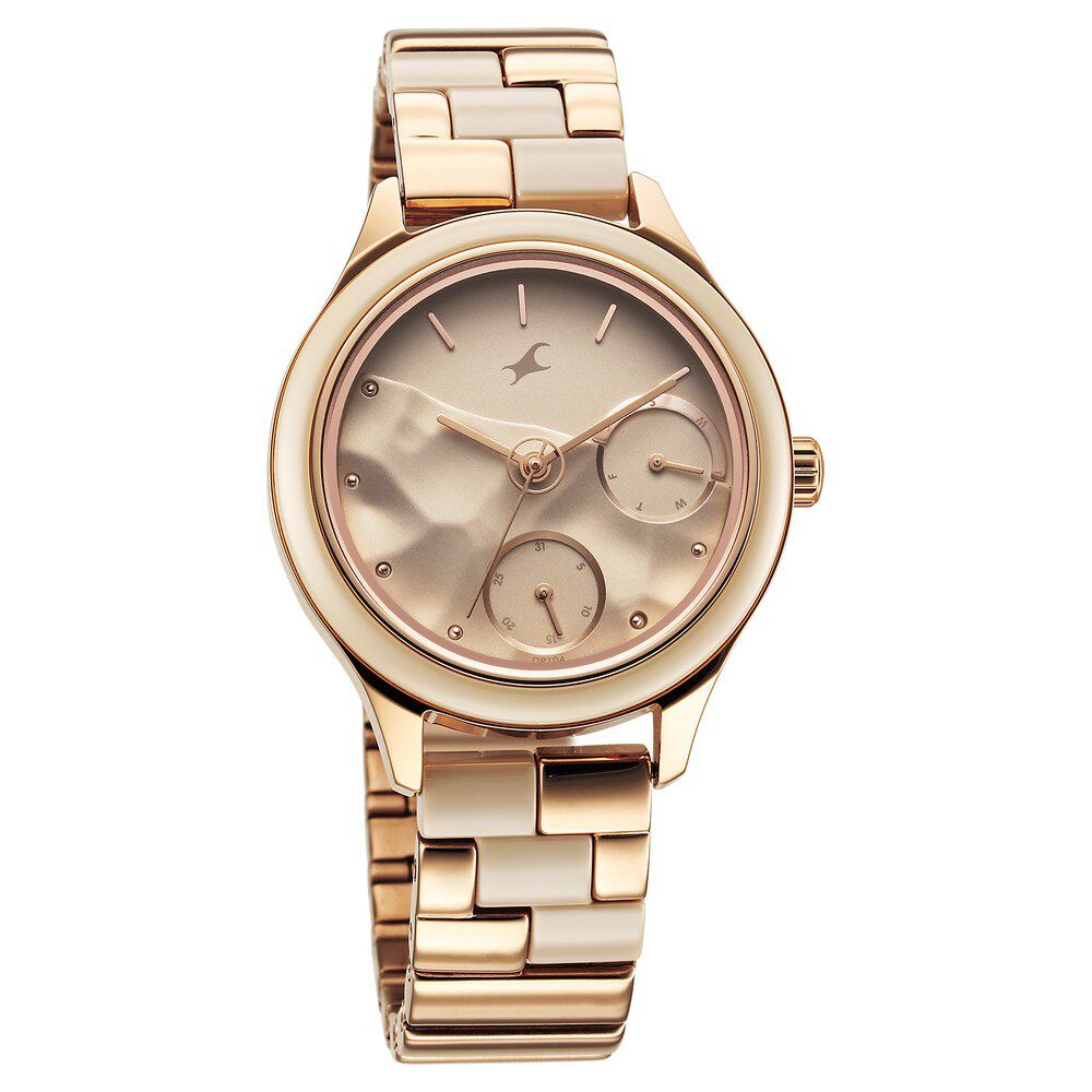 Fastrack Cerame Quartz Multifunction Beige Dial With Champagne Color Steel & Ceramic Strap Watch For Girls 6294KD01