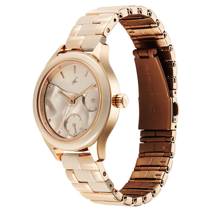Fastrack Cerame Quartz Multifunction Beige Dial With Champagne Color Steel & Ceramic Strap Watch For Girls 6294KD01