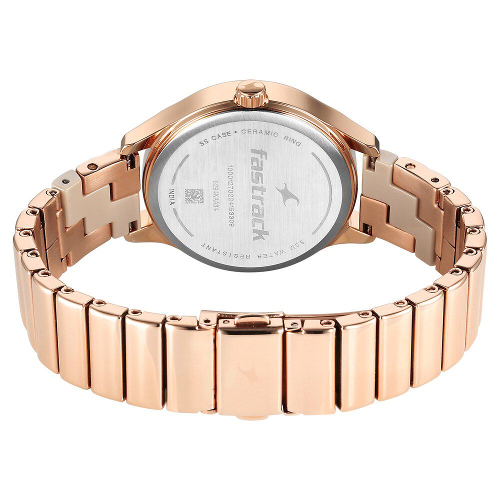 Fastrack Cerame Quartz Multifunction Beige Dial With Champagne Color Steel & Ceramic Strap Watch For Girls 6294KD01