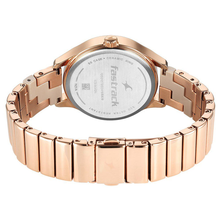 Fastrack Cerame Quartz Multifunction Beige Dial With Champagne Color Steel & Ceramic Strap Watch For Girls 6294KD01