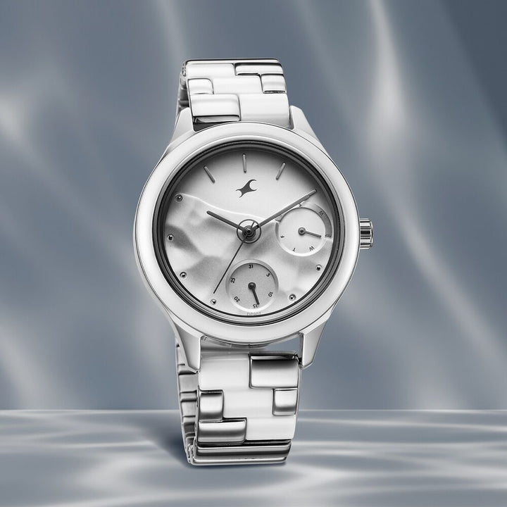 Fastrack Cerame Quartz Multifunction Silver Dial With Silver Color Steel & Ceramic Strap Watch For Girls 6294KD02
