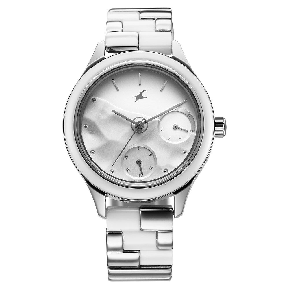 Fastrack Cerame Quartz Multifunction Silver Dial With Silver Color Steel & Ceramic Strap Watch For Girls 6294KD02