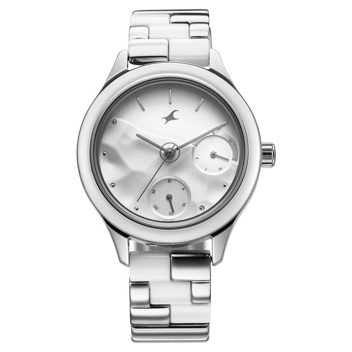 Fastrack Cerame Quartz Multifunction Silver Dial With Silver Color Steel & Ceramic Strap Watch For Girls 6294KD02