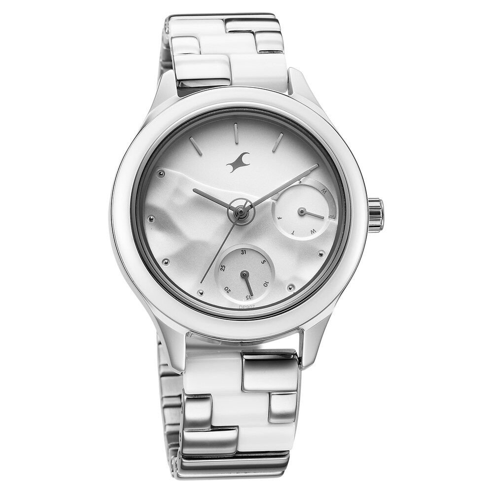 Fastrack Cerame Quartz Multifunction Silver Dial With Silver Color Steel & Ceramic Strap Watch For Girls 6294KD02