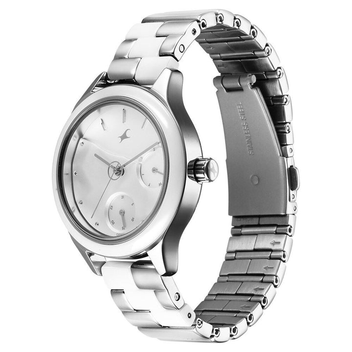 Fastrack Cerame Quartz Multifunction Silver Dial With Silver Color Steel & Ceramic Strap Watch For Girls 6294KD02