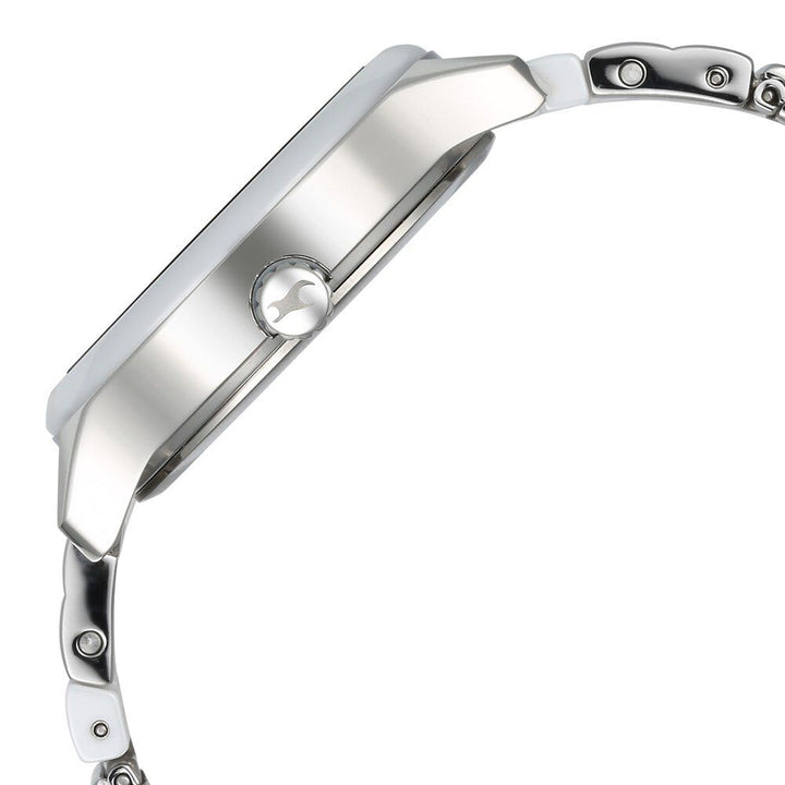 Fastrack Cerame Quartz Multifunction Silver Dial With Silver Color Steel & Ceramic Strap Watch For Girls 6294KD02