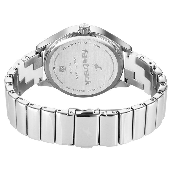 Fastrack Cerame Quartz Multifunction Silver Dial With Silver Color Steel & Ceramic Strap Watch For Girls 6294KD02