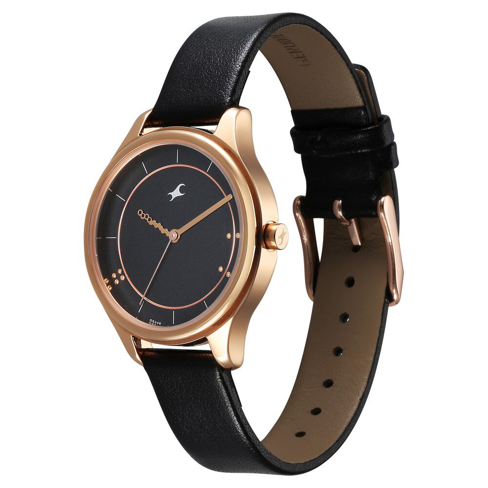 Fastrack Stunners Quartz Analog Black Dial Black Leather Strap Watch For Girls 6296WL01