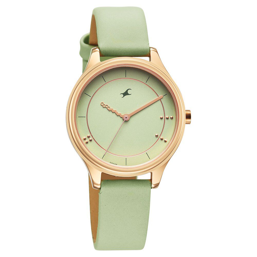 Fastrack Stunners Quartz Analog Green Dial Green Leather Strap Watch For Girls 6296WL02