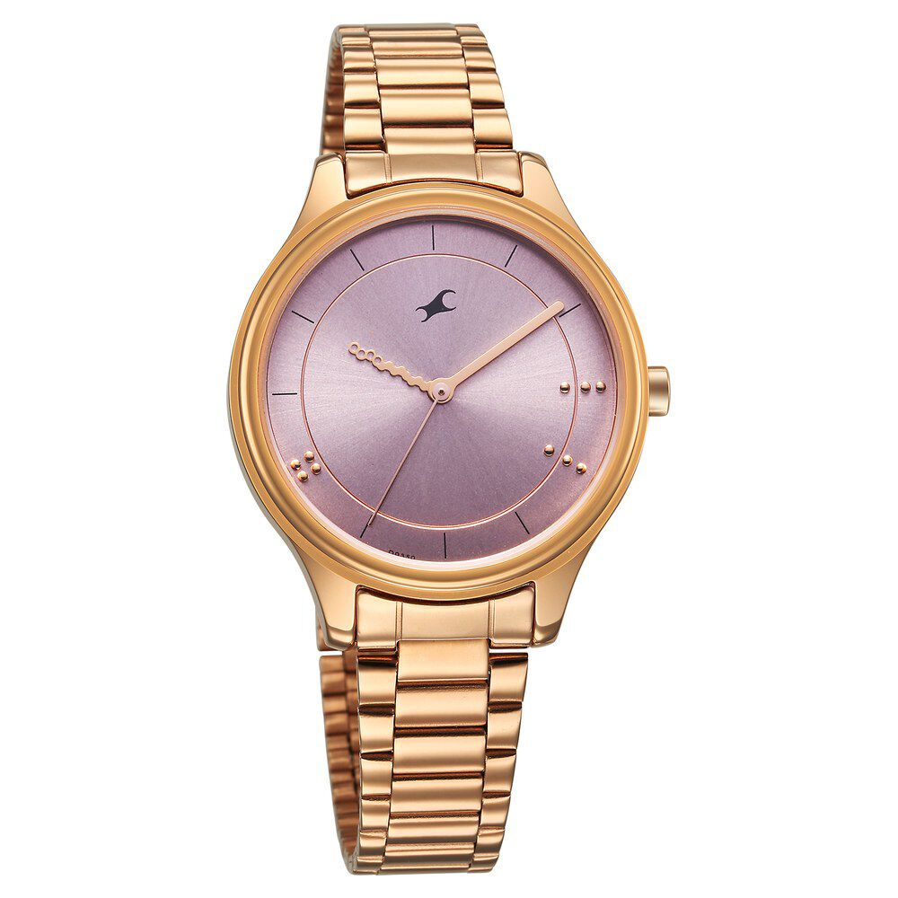 Fastrack Stunners Quartz Analog Pink Dial Rose Gold Metal Strap Watch For Girls 6296WM01