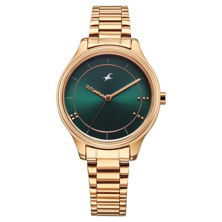 Fastrack Stunners Quartz Analog Green Dial Rose Gold Metal Strap Watch For Girls 6296WM02