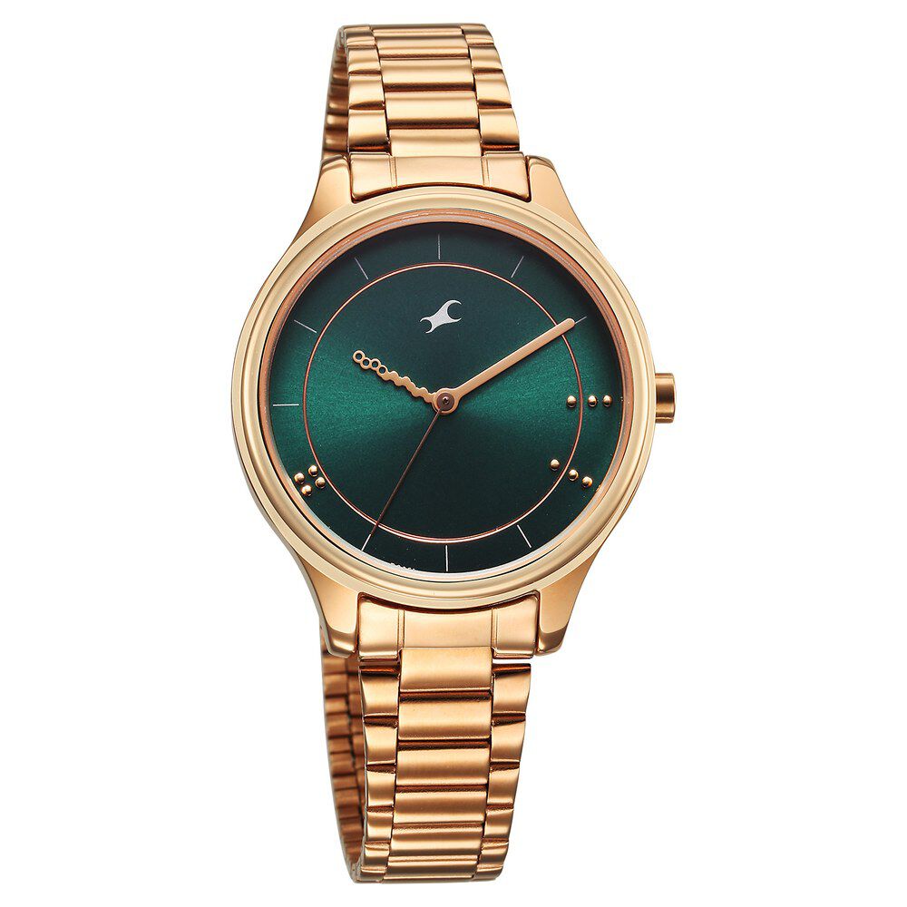Fastrack Stunners Quartz Analog Green Dial Rose Gold Metal Strap Watch For Girls 6296WM02