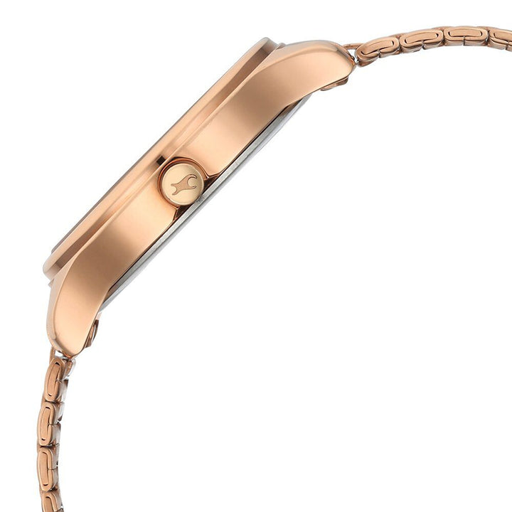 Fastrack Stunners Quartz Analog Green Dial Rose Gold Metal Strap Watch For Girls 6296WM02