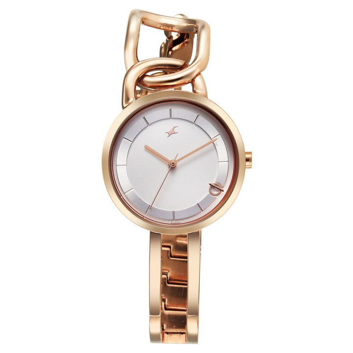Fastrack Opulence Quartz Analog Silver White Dial Champagne Gold Metal Strap Watch For Girls 6298WM01