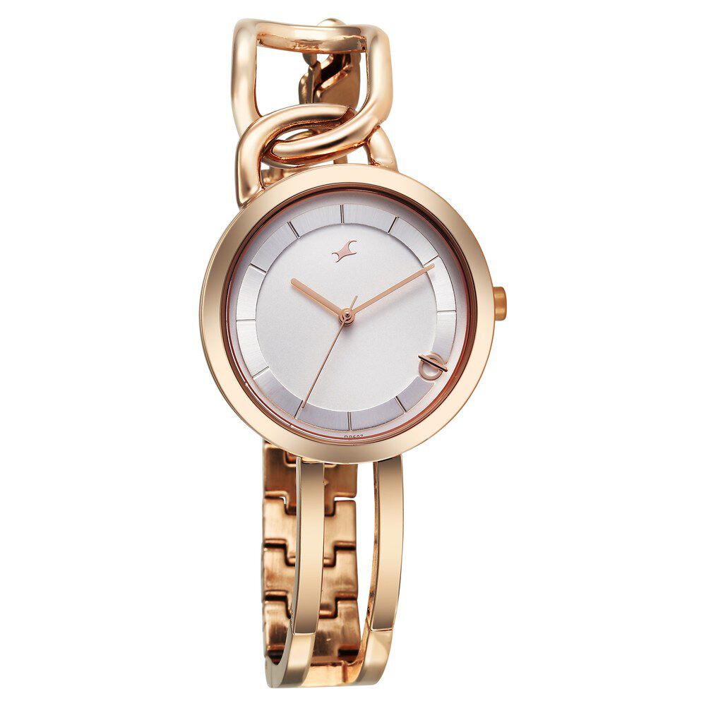 Fastrack Opulence Quartz Analog Silver White Dial Champagne Gold Metal Strap Watch For Girls 6298WM01
