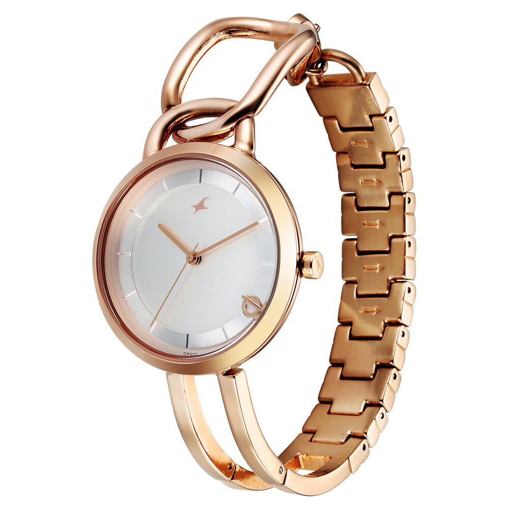 Fastrack Opulence Quartz Analog Silver White Dial Champagne Gold Metal Strap Watch For Girls 6298WM01