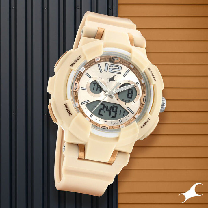 Fastrack Street Line Quartz Analog Digital Off White Dial PU Strap Watch for Girls NR68016PP03