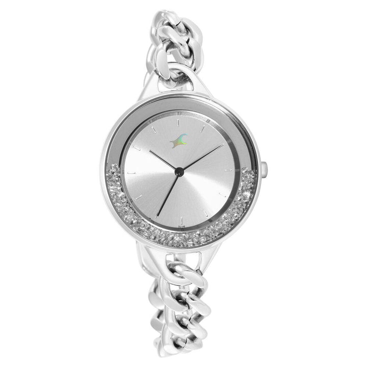 Fastrack Glitch Quartz Analog Silver Dial Metal Strap Watch for Girls NS68026SM01