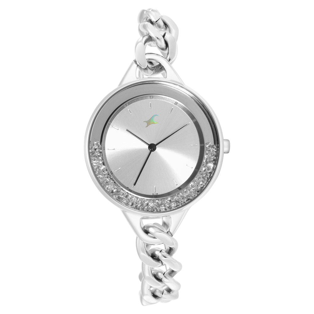 Fastrack Glitch Quartz Analog Silver Dial Metal Strap Watch for Girls NS68026SM01