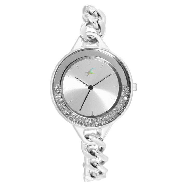 Fastrack Glitch Quartz Analog Silver Dial Metal Strap Watch for Girls NS68026SM01