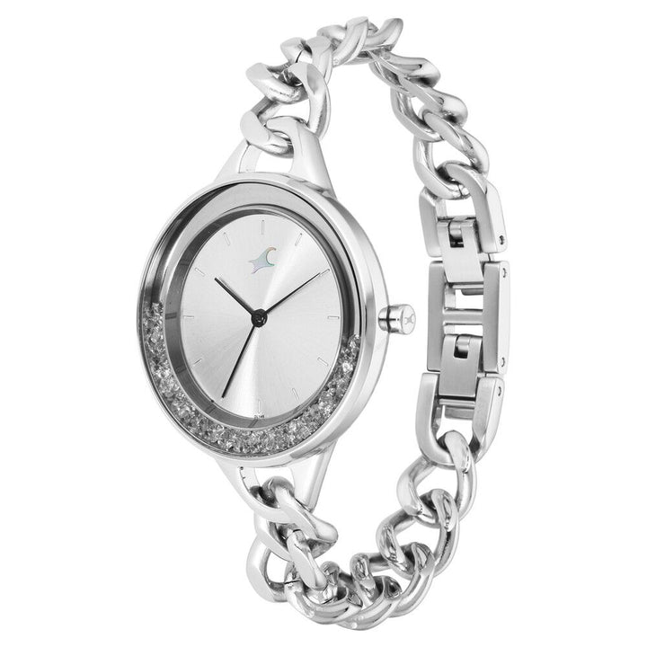 Fastrack Glitch Quartz Analog Silver Dial Metal Strap Watch for Girls NS68026SM01