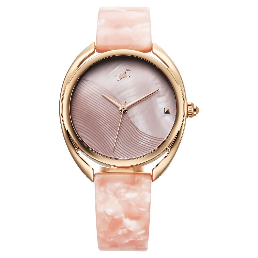 Fastrack Younique Quartz Analog Pink Color Mother Of Pearl Dial Acetate And Metal Strap Watch For Girls 68036KD01
