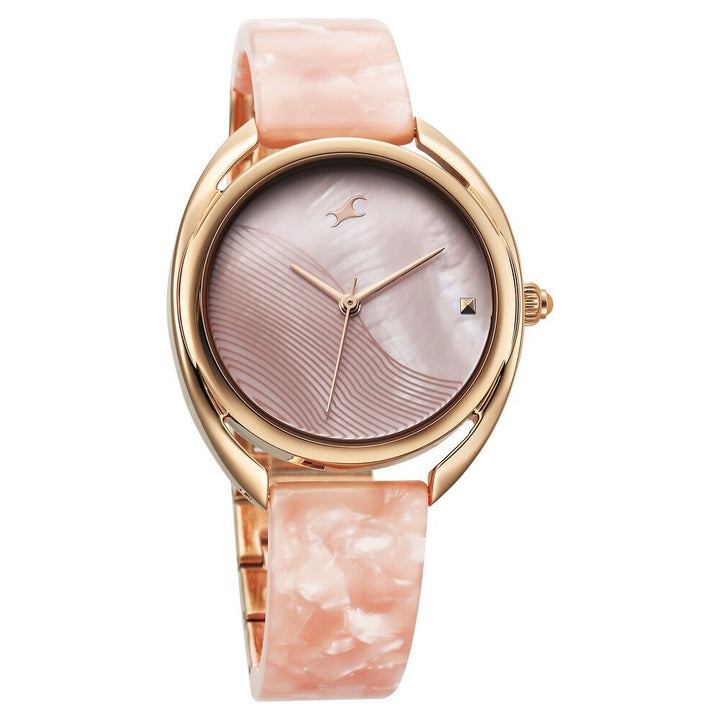 Fastrack Younique Quartz Analog Pink Color Mother Of Pearl Dial Acetate And Metal Strap Watch For Girls 68036KD01