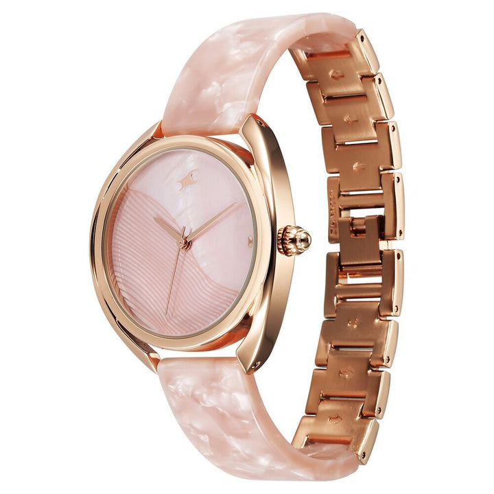 Fastrack Younique Quartz Analog Pink Color Mother Of Pearl Dial Acetate And Metal Strap Watch For Girls 68036KD01