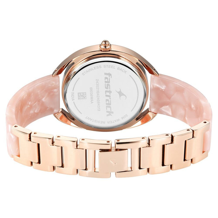 Fastrack Younique Quartz Analog Pink Color Mother Of Pearl Dial Acetate And Metal Strap Watch For Girls 68036KD01