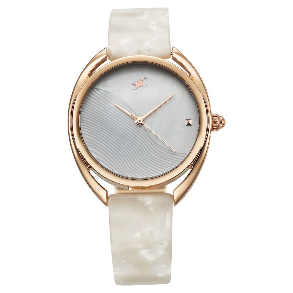 Fastrack Younique Quartz Analog Mother Of Pearl Dial Acetate And Metal Strap Watch For Girls 68036KD03