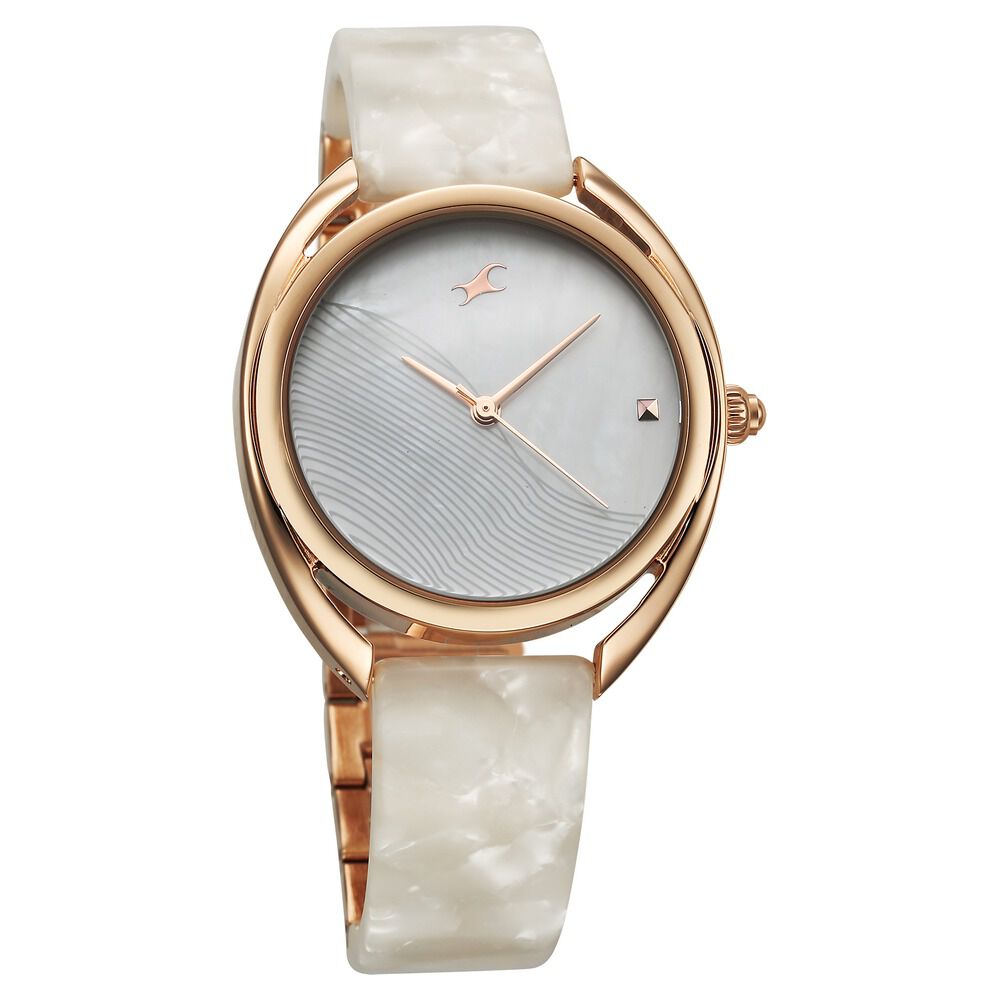 Fastrack Younique Quartz Analog Mother Of Pearl Dial Acetate And Metal Strap Watch For Girls 68036KD03