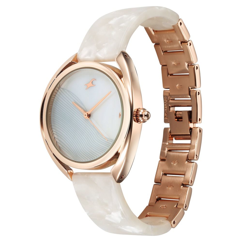 Fastrack Younique Quartz Analog Mother Of Pearl Dial Acetate And Metal Strap Watch For Girls 68036KD03