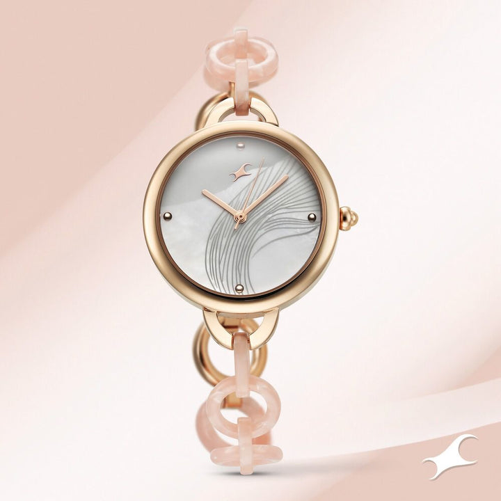 Fastrack Younique Quartz Analog Mother Of Pearl Dial Acetate And Metal Strap Watch For Girls 68037KD02