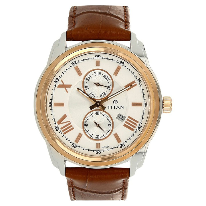 Titan Quartz Analog with Date Silver Dial Leather Strap Watch for Men-NM90006KL01