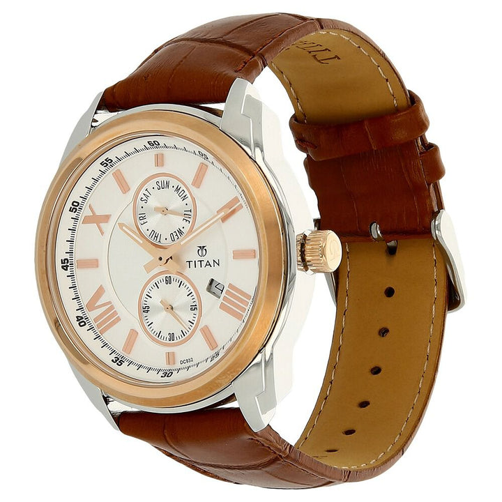 Titan Quartz Analog with Date Silver Dial Leather Strap Watch for Men-NM90006KL01