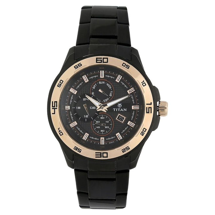 Titan Quartz Multifunction Black Dial Stainless Steel Strap Watch for Men-NK90008KM02