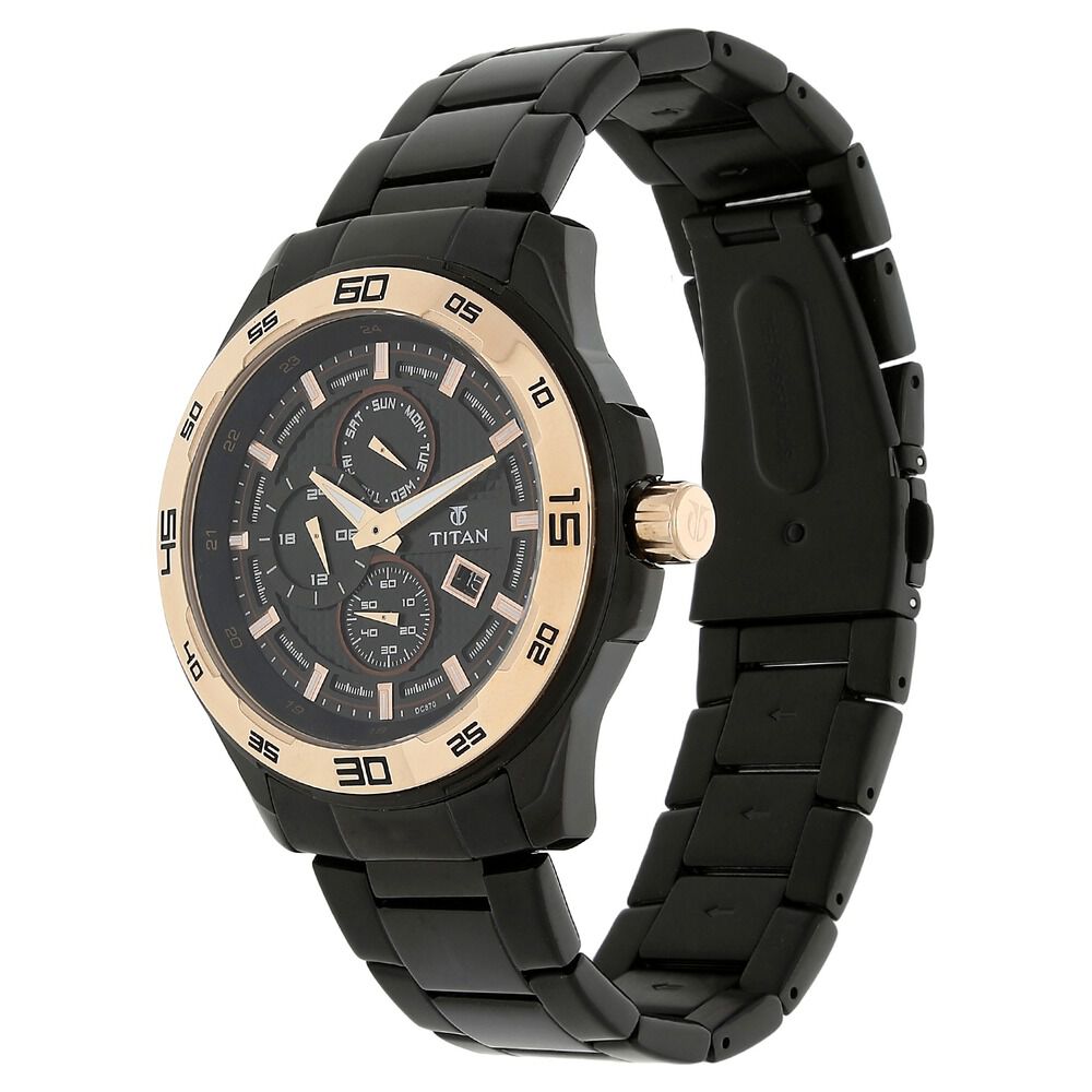 Titan Quartz Multifunction Black Dial Stainless Steel Strap Watch for Men-NK90008KM02