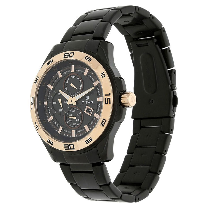 Titan Quartz Multifunction Black Dial Stainless Steel Strap Watch for Men-NK90008KM02