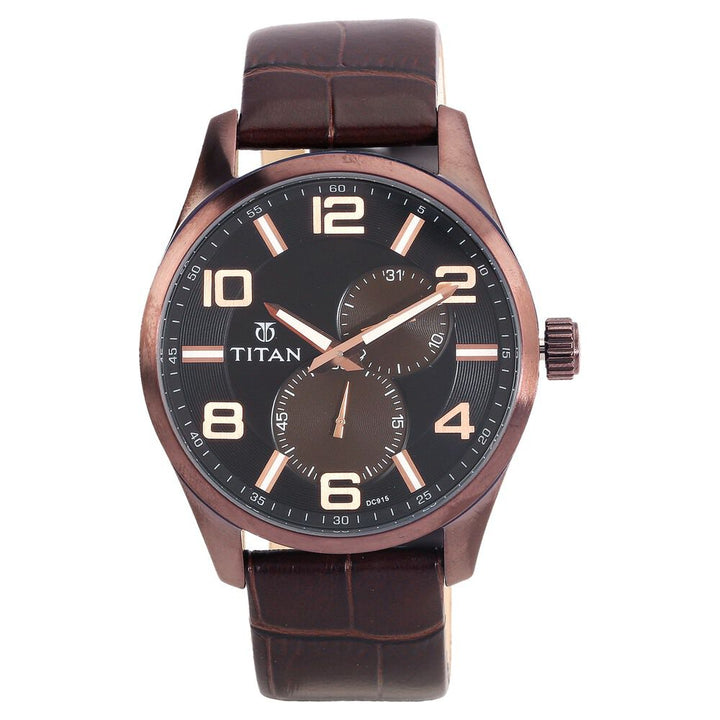 Titan Quartz Analog with Date Brown Dial Leather Strap Watch for Men-90010QL01J