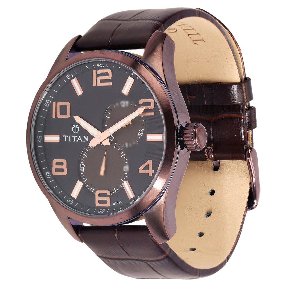 Titan Quartz Analog with Date Brown Dial Leather Strap Watch for Men-90010QL01J