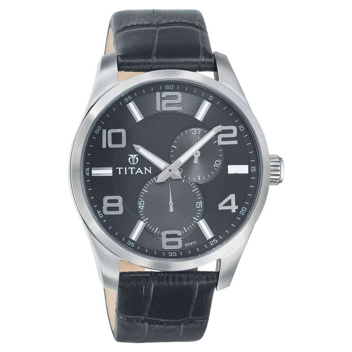 Titan Quartz Analog with Date Black Dial Leather Strap Watch for Men-90010SL01J