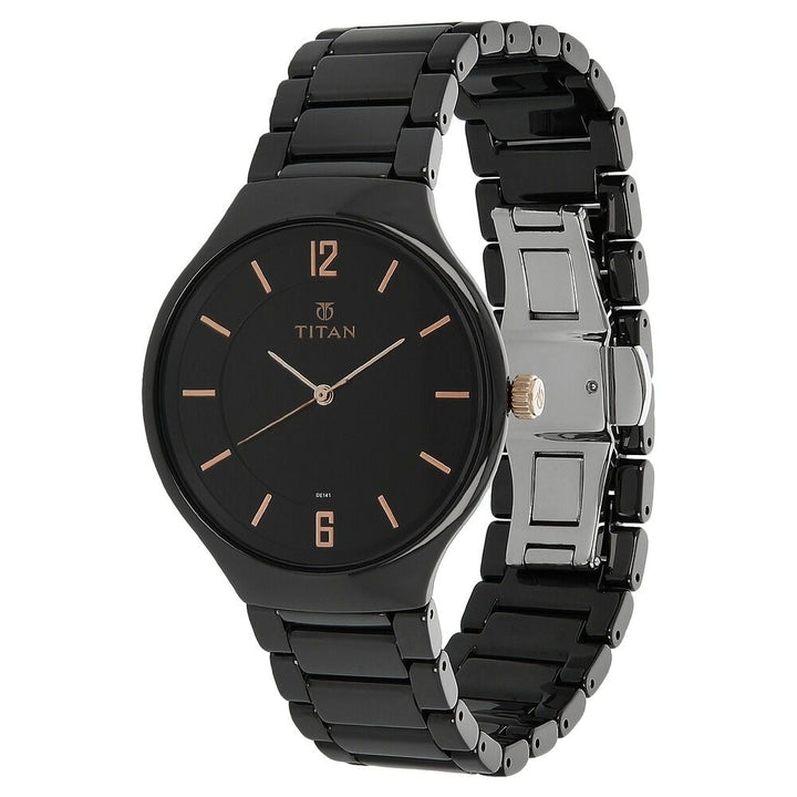 Titan Quartz Analog Black Dial Ceramic Strap Watch for Men NS90014KC02A
