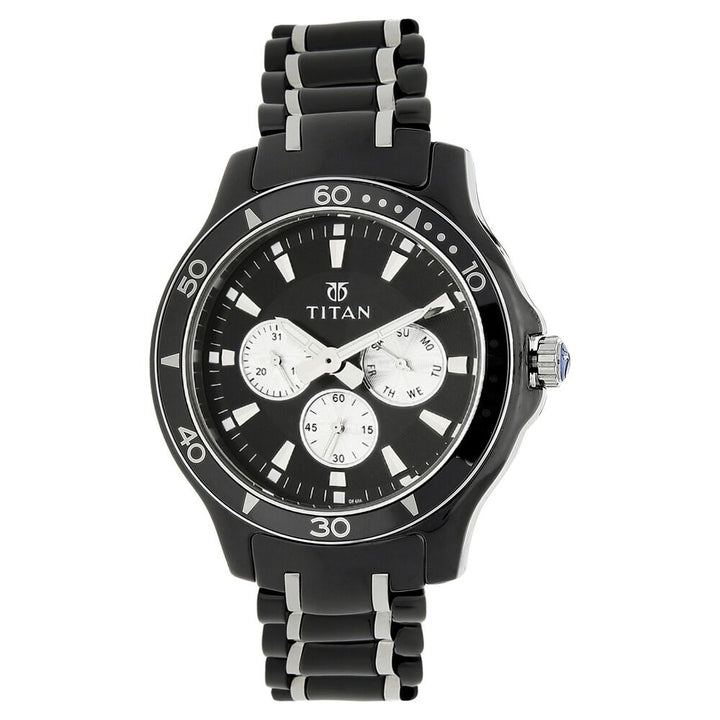 Titan Quartz Multifunction Black Dial Steel and Ceramic Strap watch for Men-90020KD01