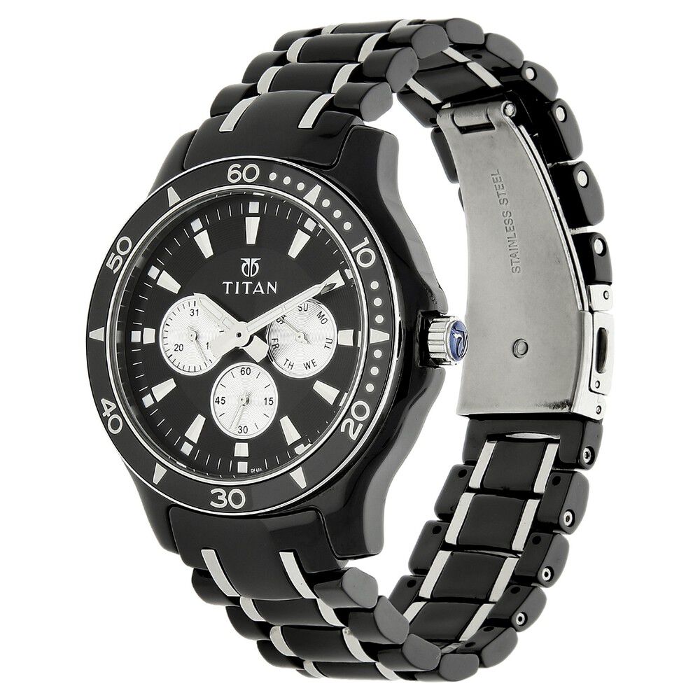 Titan Quartz Multifunction Black Dial Steel and Ceramic Strap watch for Men-90020KD01