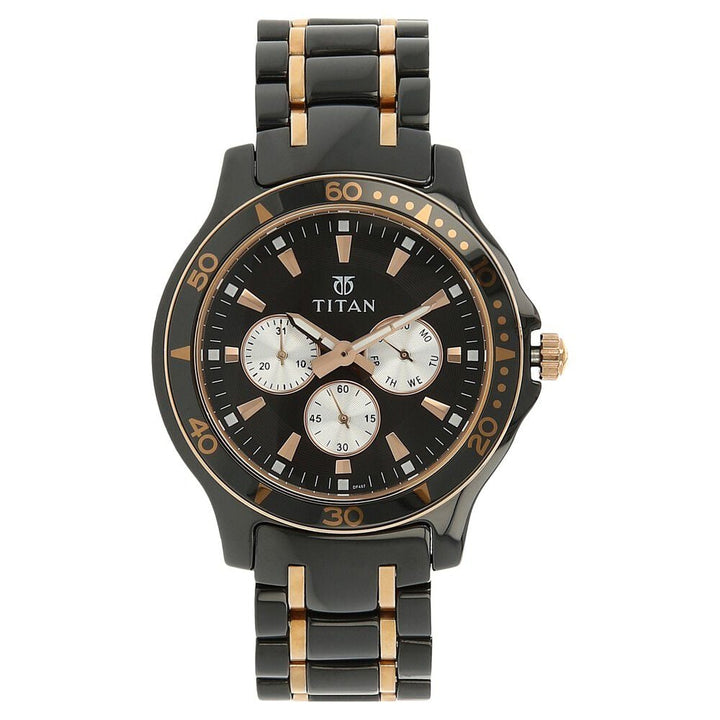 Titan Quartz Multifunction Black Dial Stainless Steel & Ceramic Strap Watch for Men-90020KD02