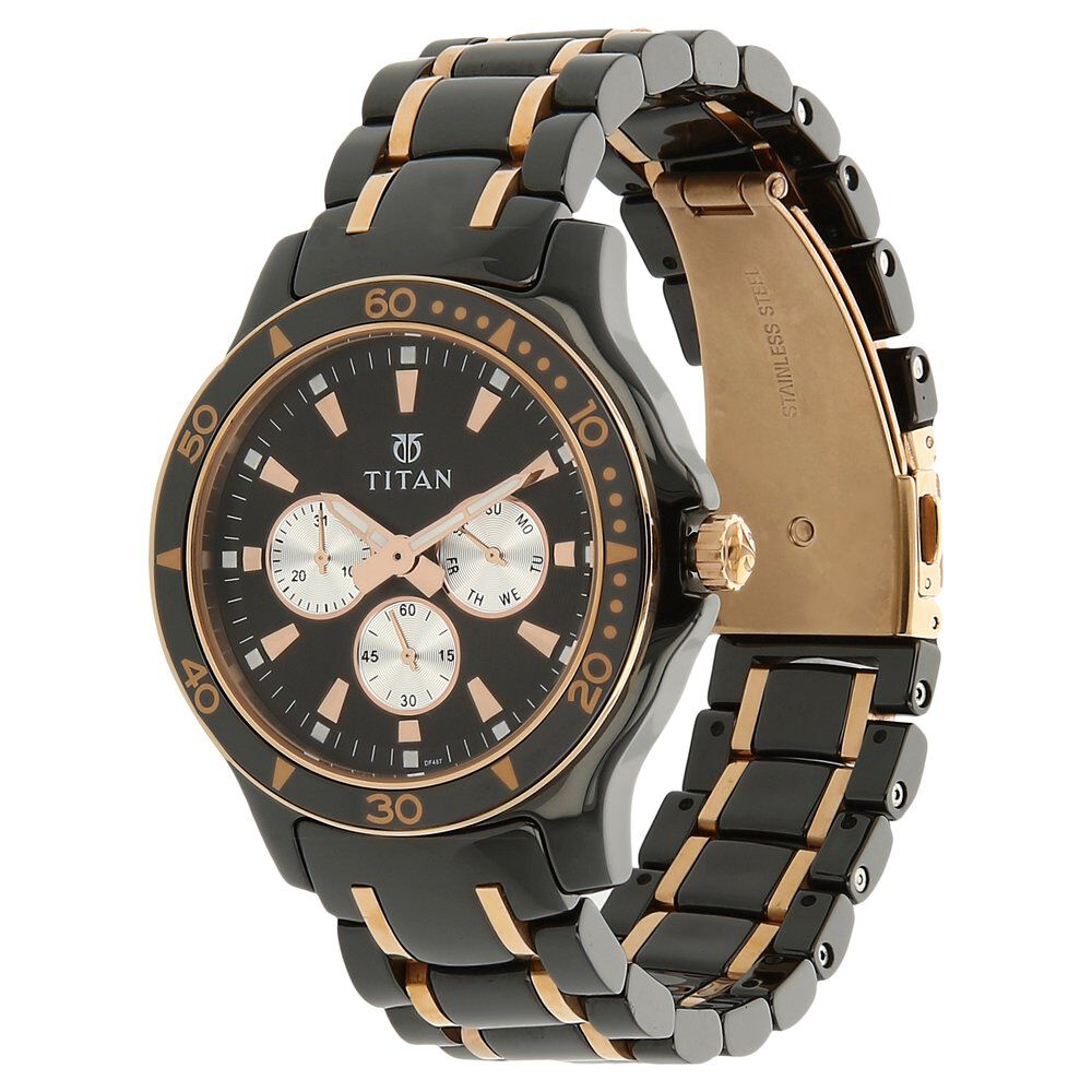 Titan Quartz Multifunction Black Dial Stainless Steel & Ceramic Strap Watch for Men-90020KD02